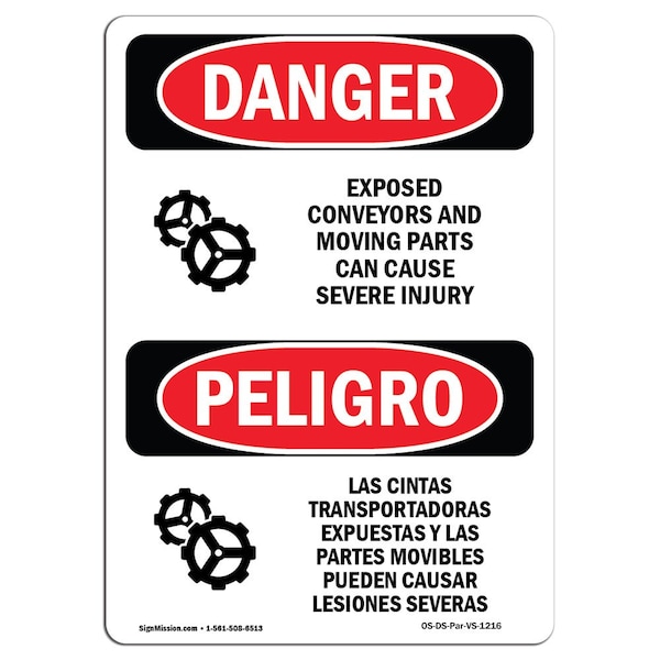 OSHA, Exposed Conveyors & Moving Parts Bilingual, 18in X 12in Rigid Plastic, 12" W, 18" H, Spanish